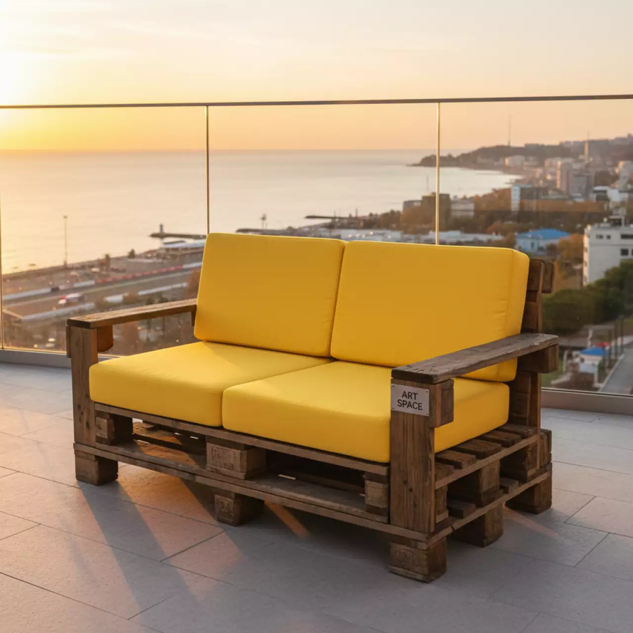 Аренда Диван из паллет двухместный с желтыми подушками в City Park Hotel Sochi — ART SPACE