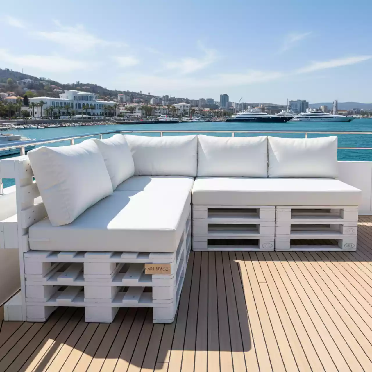 Аренда Диван из паллет угловой белый с белой подушкой на VIP теплоходе (Морпорт Сочи) — ART SPACE