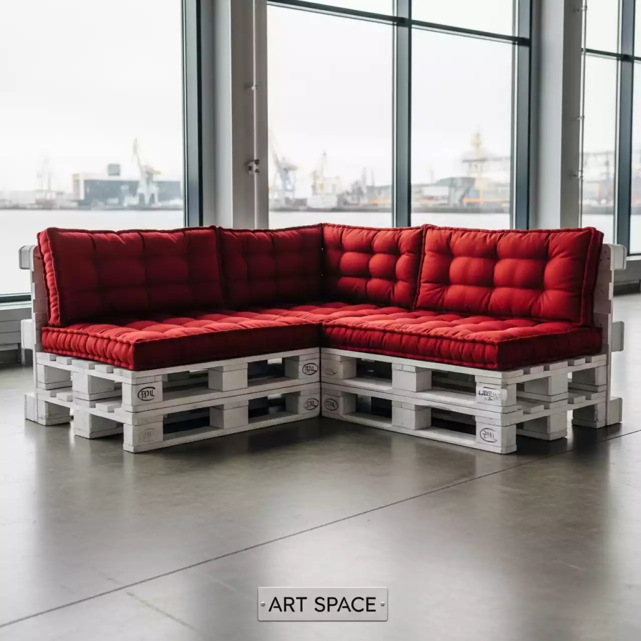 Аренда Диван из паллет угловой белый с красными подушками в зале «Чайка» (Морпорт) — ART SPACE