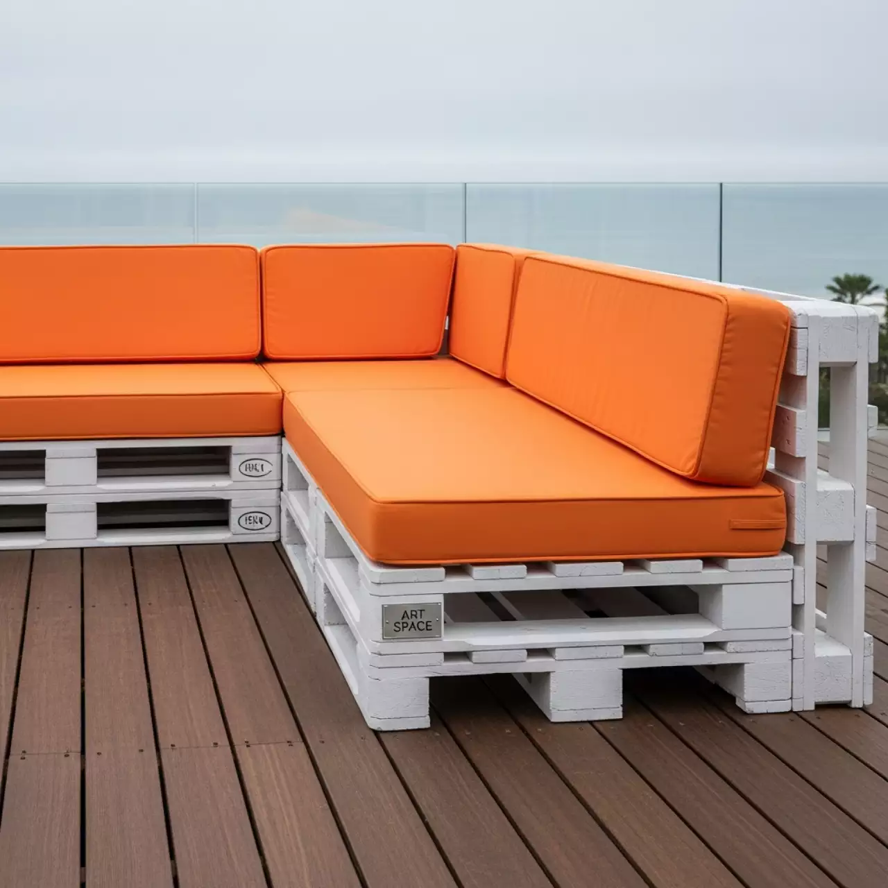Аренда Диван из паллет угловой белый с оранжевыми подушками в пляжном клубе Del Mar — ART SPACE