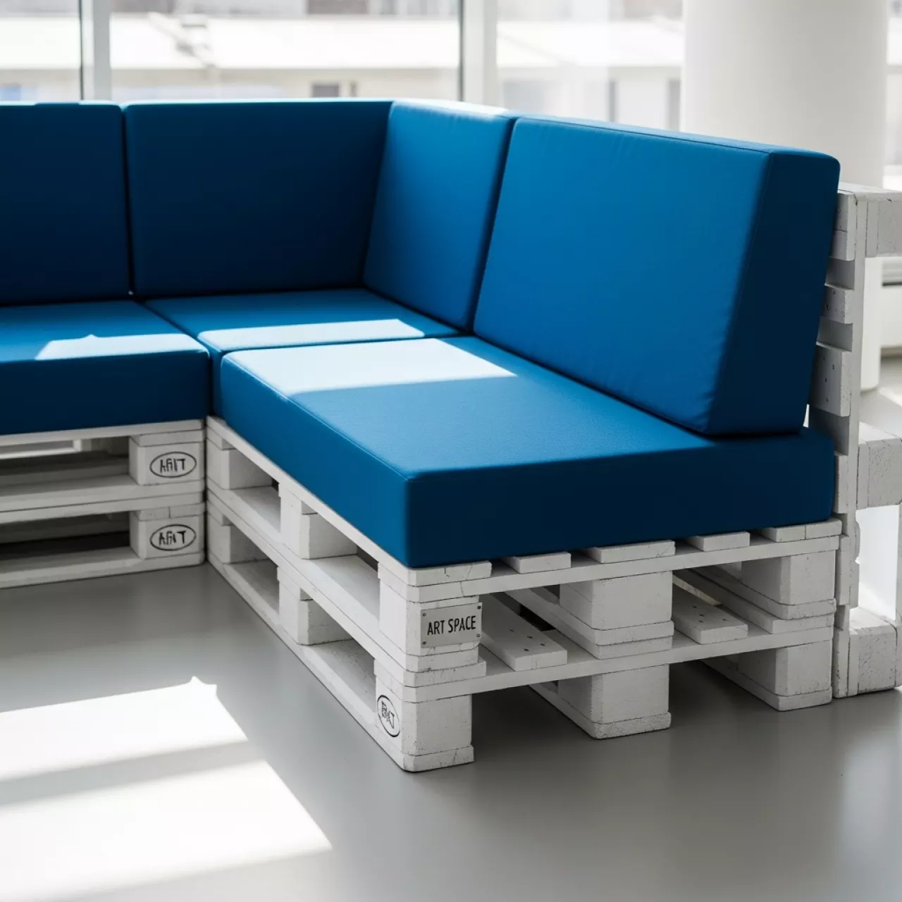 Аренда Диван из паллет угловой белый с синей подушкой в комплексе «Дагомыс» — ART SPACE