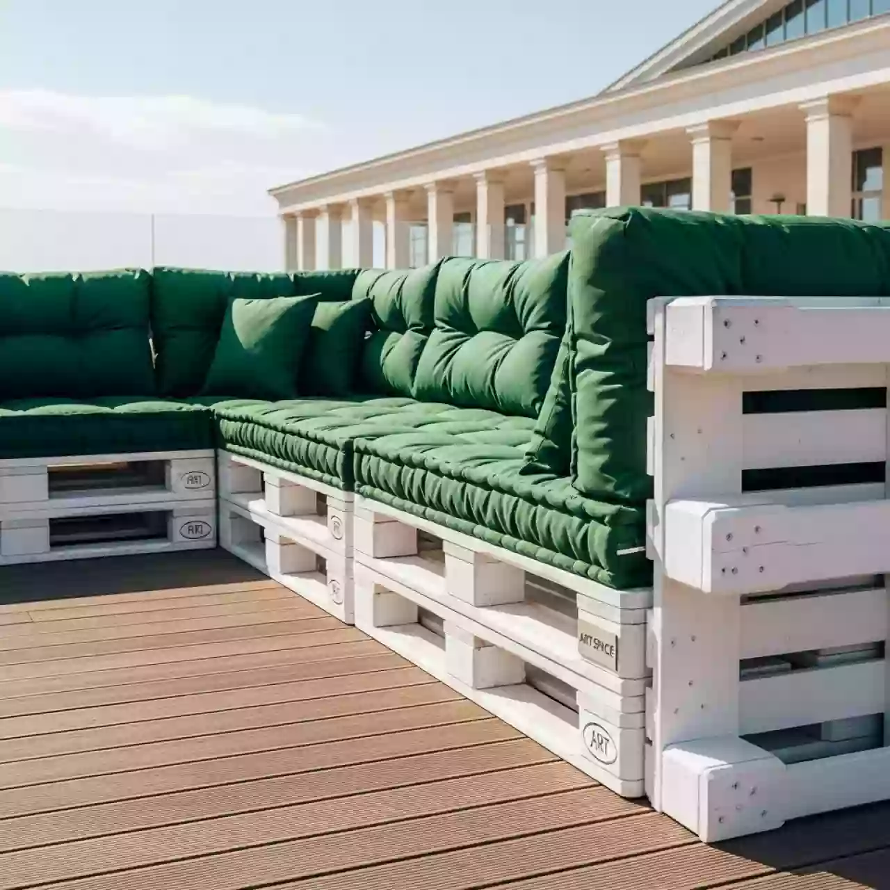 Аренда Диван из паллет угловой белый с зелеными подушками в пляжном комплексе VinoGrad — ART SPACE