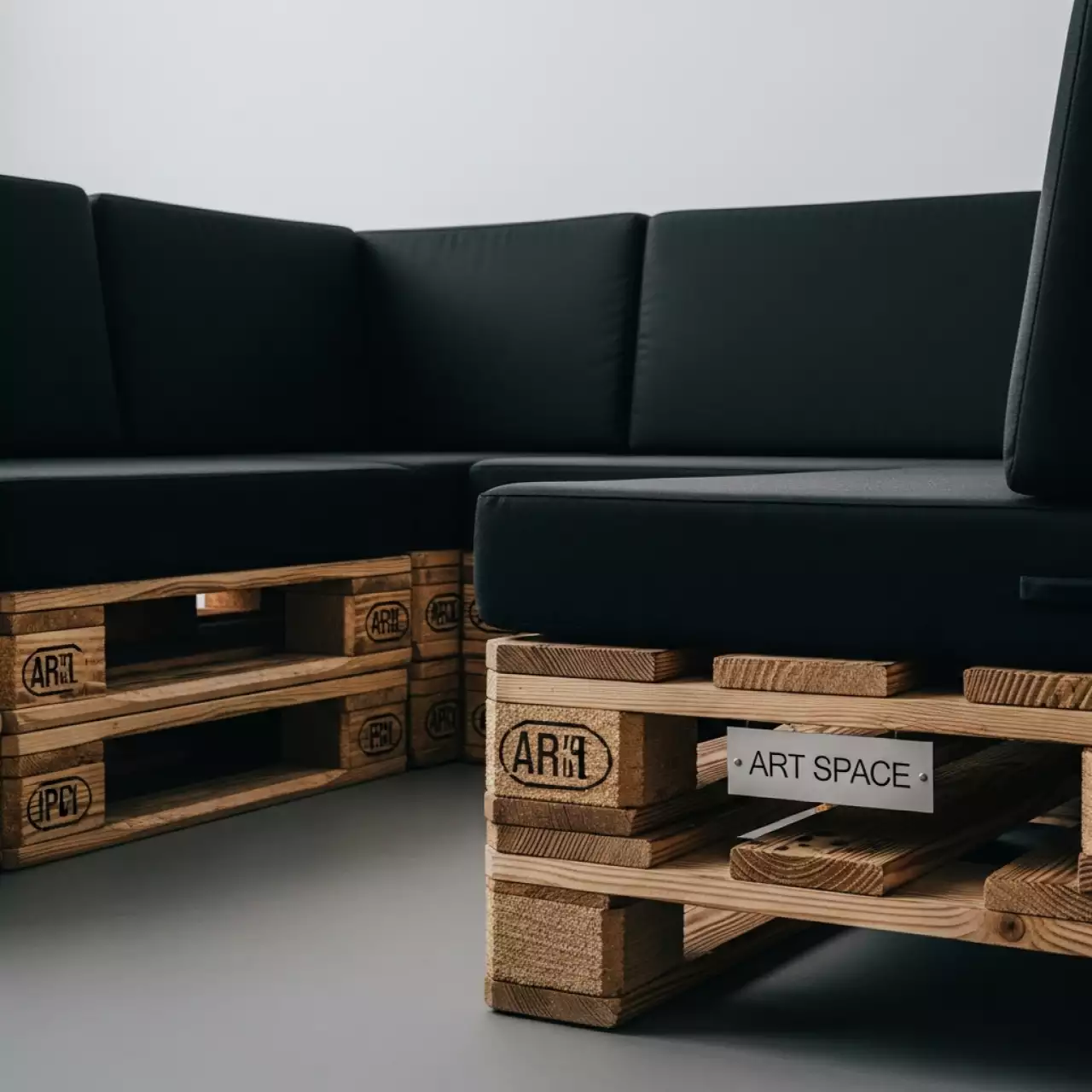 Аренда Диван из паллет угловой из обожженного дерева с черными подушками в Green Flow Hotel — ART SPACE