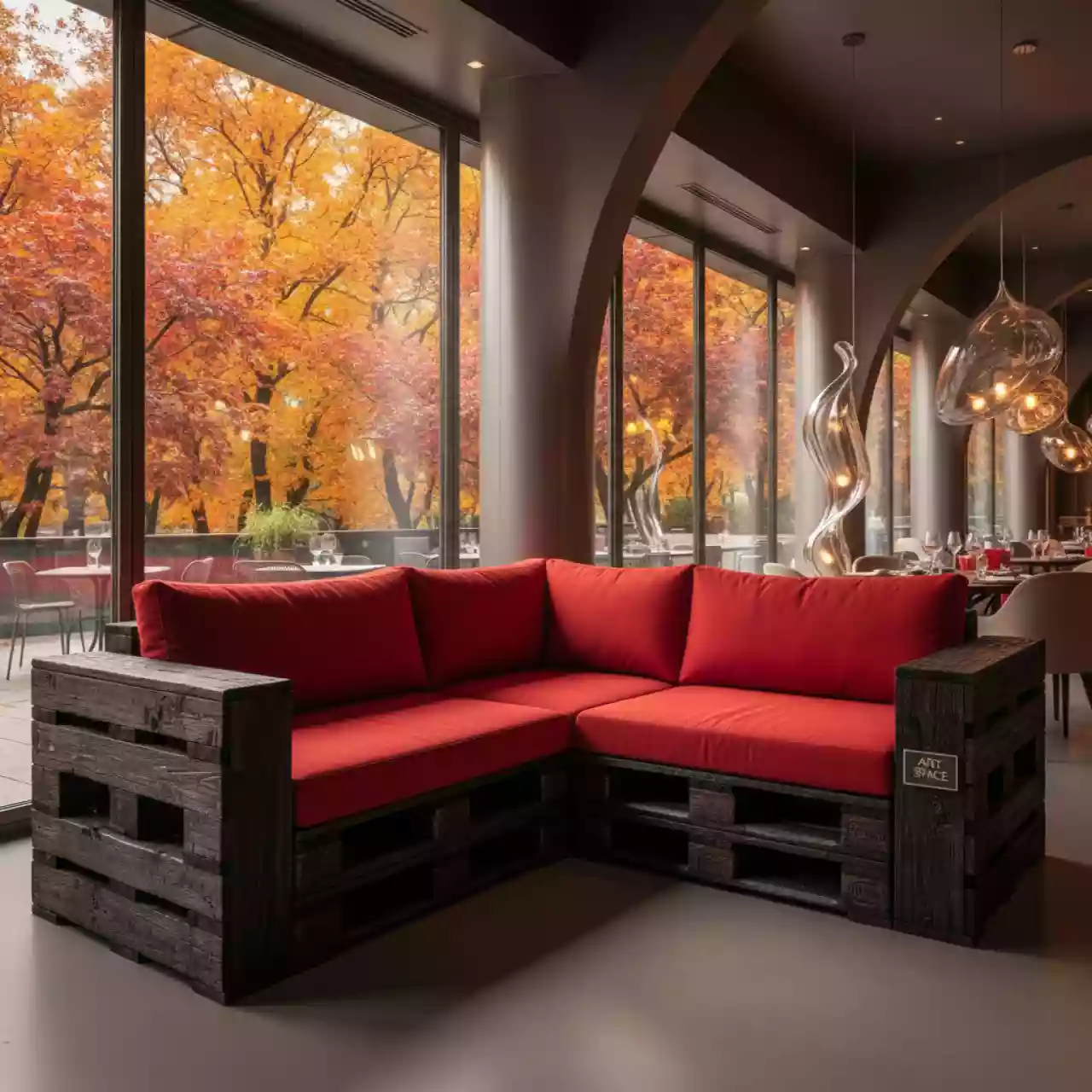 Аренда Диван из паллет угловой обожженное дерево с красными подушками в ресторане «La Terrazza» — ART SPACE