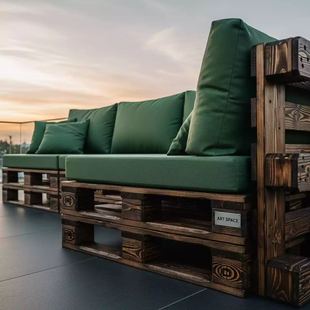 Аренда Диван из паллет угловой обожженное дерево с зелеными подушками в Сочи Парк Отеле — ART SPACE