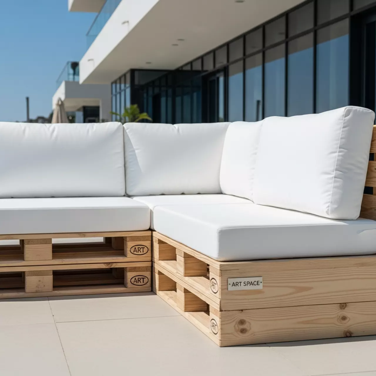Аренда Диван из паллет угловой с белой подушкой в комплексе Sea Galaxy — ART SPACE
