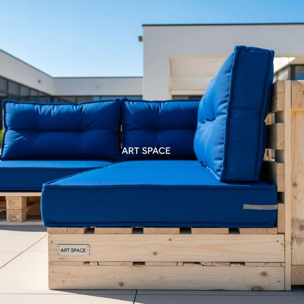 Аренда Диван из паллет угловой с синими подушками в Alpha Sirius — ART SPACE