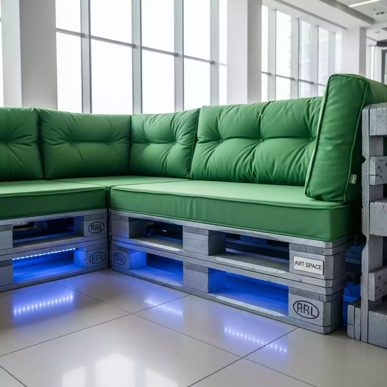Аренда Диван из паллет угловой с зеленой подушкой в банкетном зале «Дельфин» — ART SPACE