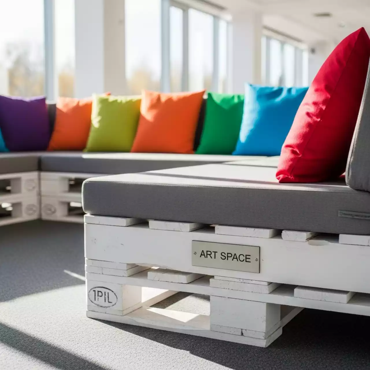 Аренда Диван из паллет White с разноцветной подушкой в Novotel Resort — ART SPACE