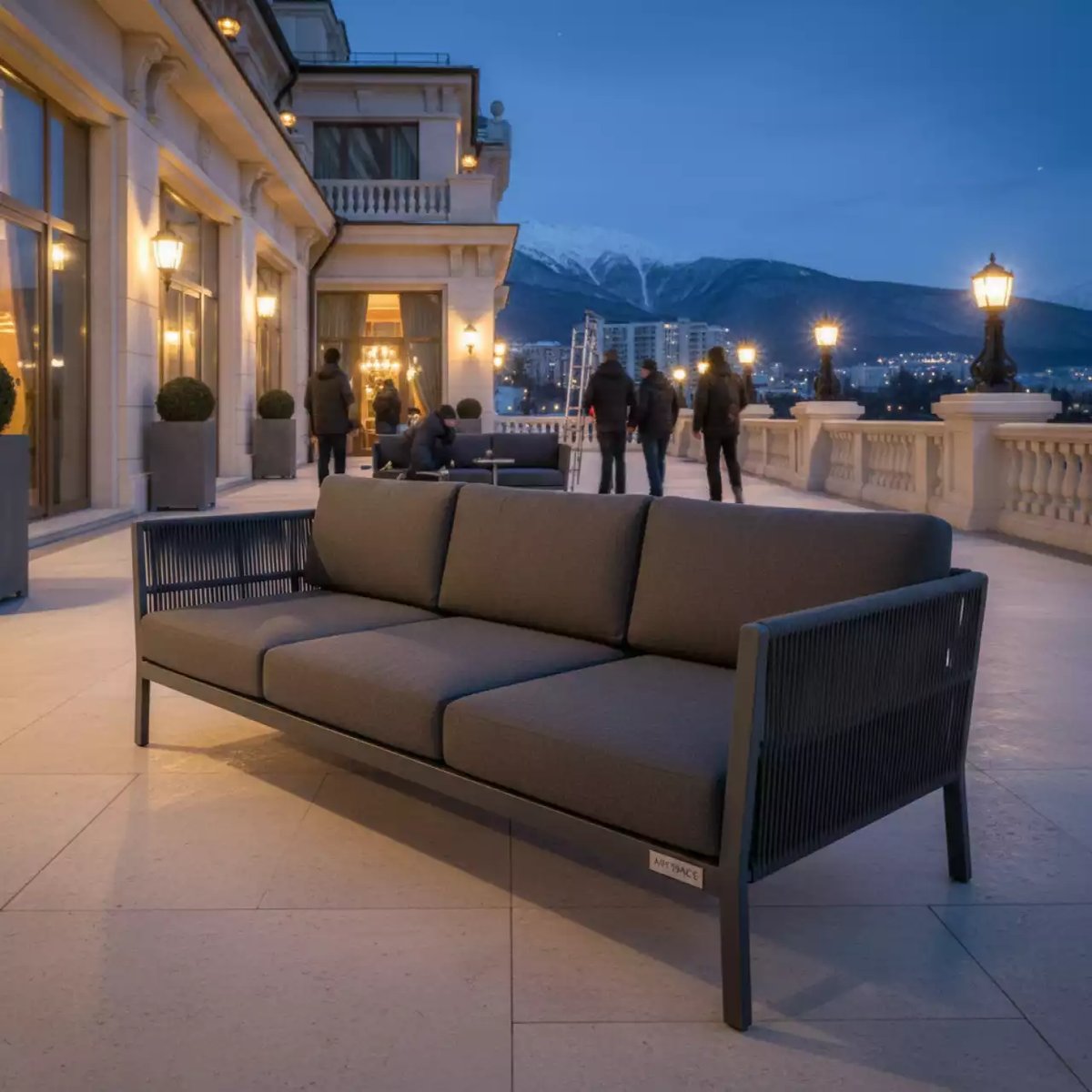 Аренда Диван Канны модульный плетеный из роупа каркас алюминий темно серый RAL7024 ткань темно серая 027 в Swissôtel Resort Sochi Kamelia — ART SPACE