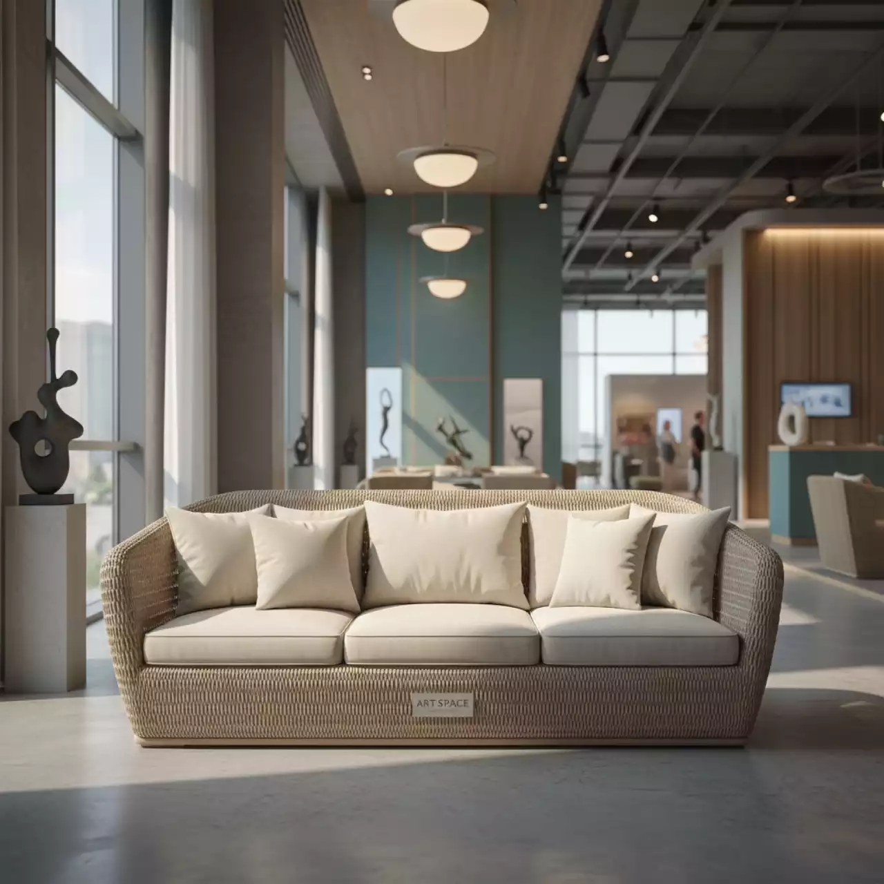 Аренда Диван Капучино из искусственного ротанга трехместный бежевый в ресторане «Баран-Рапан» — ART SPACE