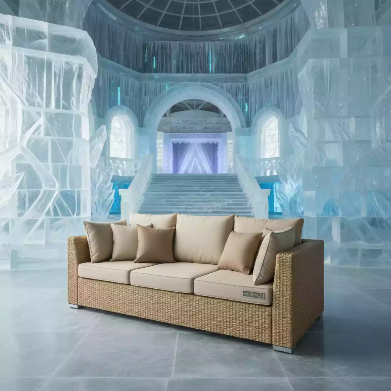 Аренда Диван Капучино трехместный из искусственного ротанга соломенный в ледовом дворце «Большой» — ART SPACE