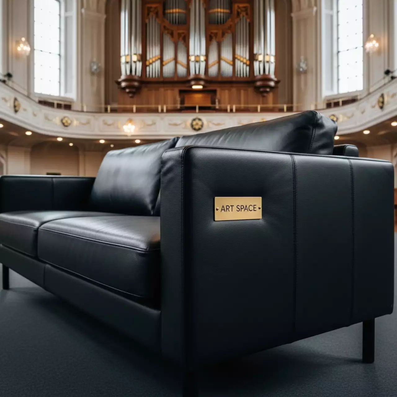 Аренда Диван Клиппан черный натуральная кожа в Зале органной и камерной музыки — ART SPACE