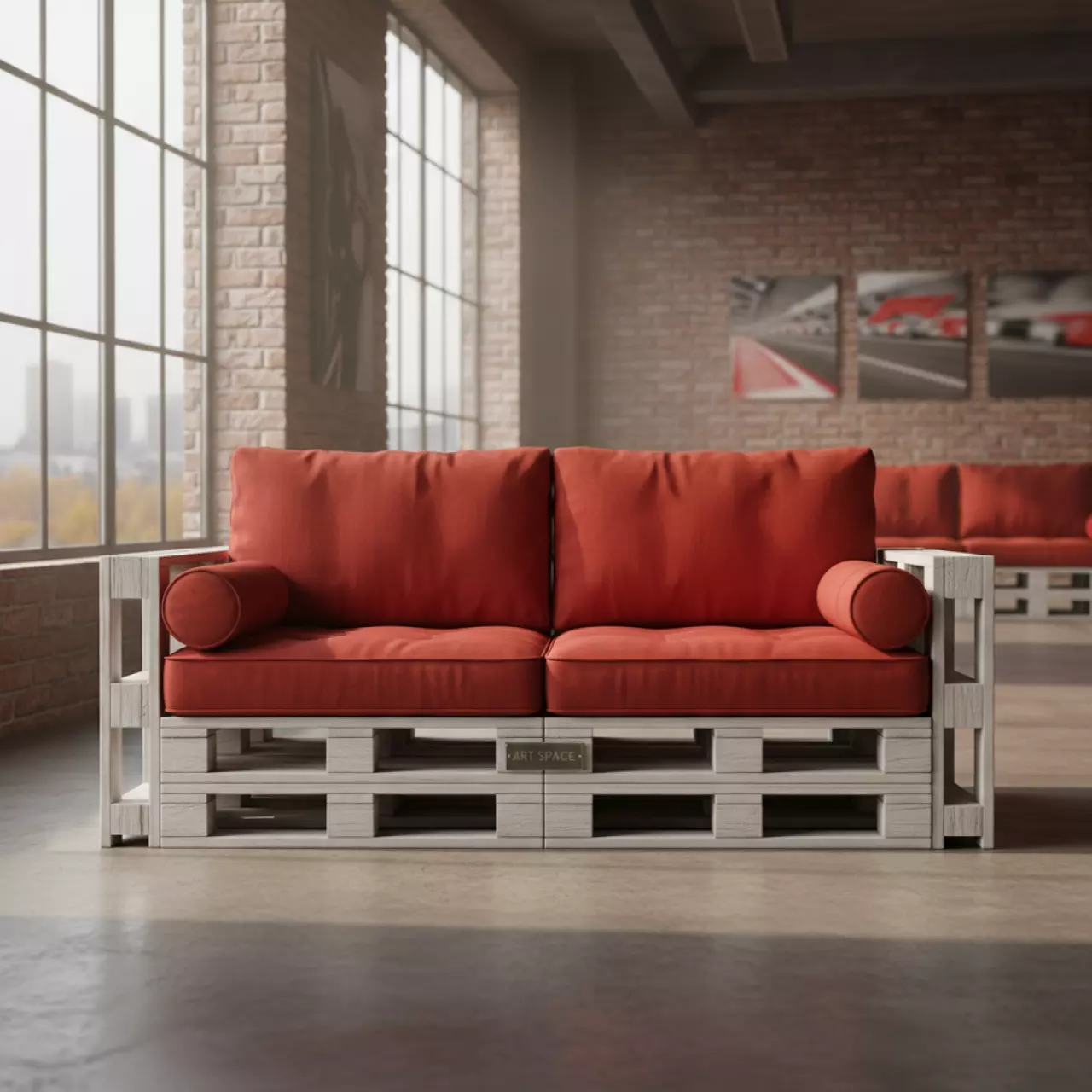 Аренда Диван красный из белых паллет в лофте «Студия 21» — ART SPACE