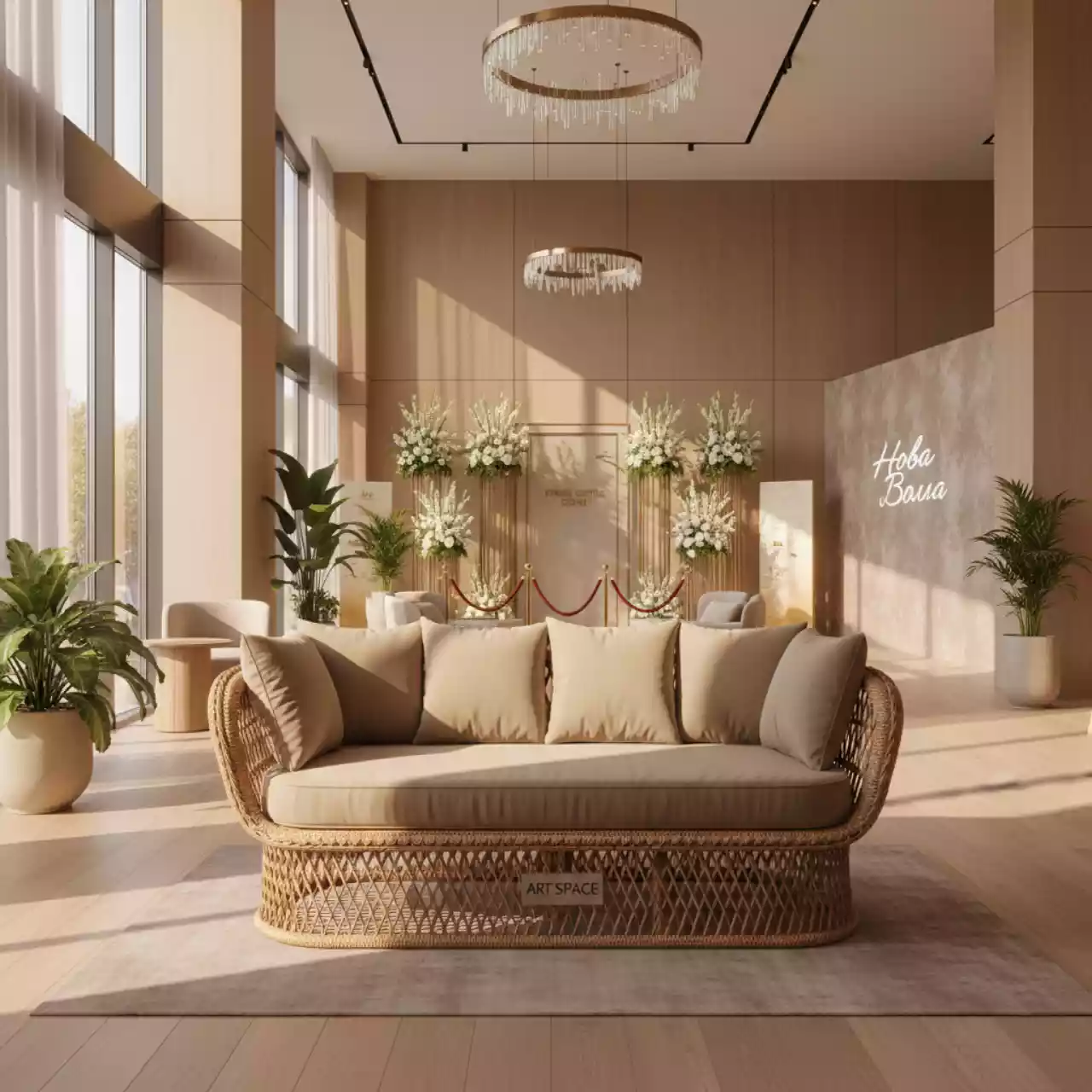 Аренда Диван Мамасан ротанг натуральный каркас медовый подушка бежевая в Гранд Отель Сочи — ART SPACE