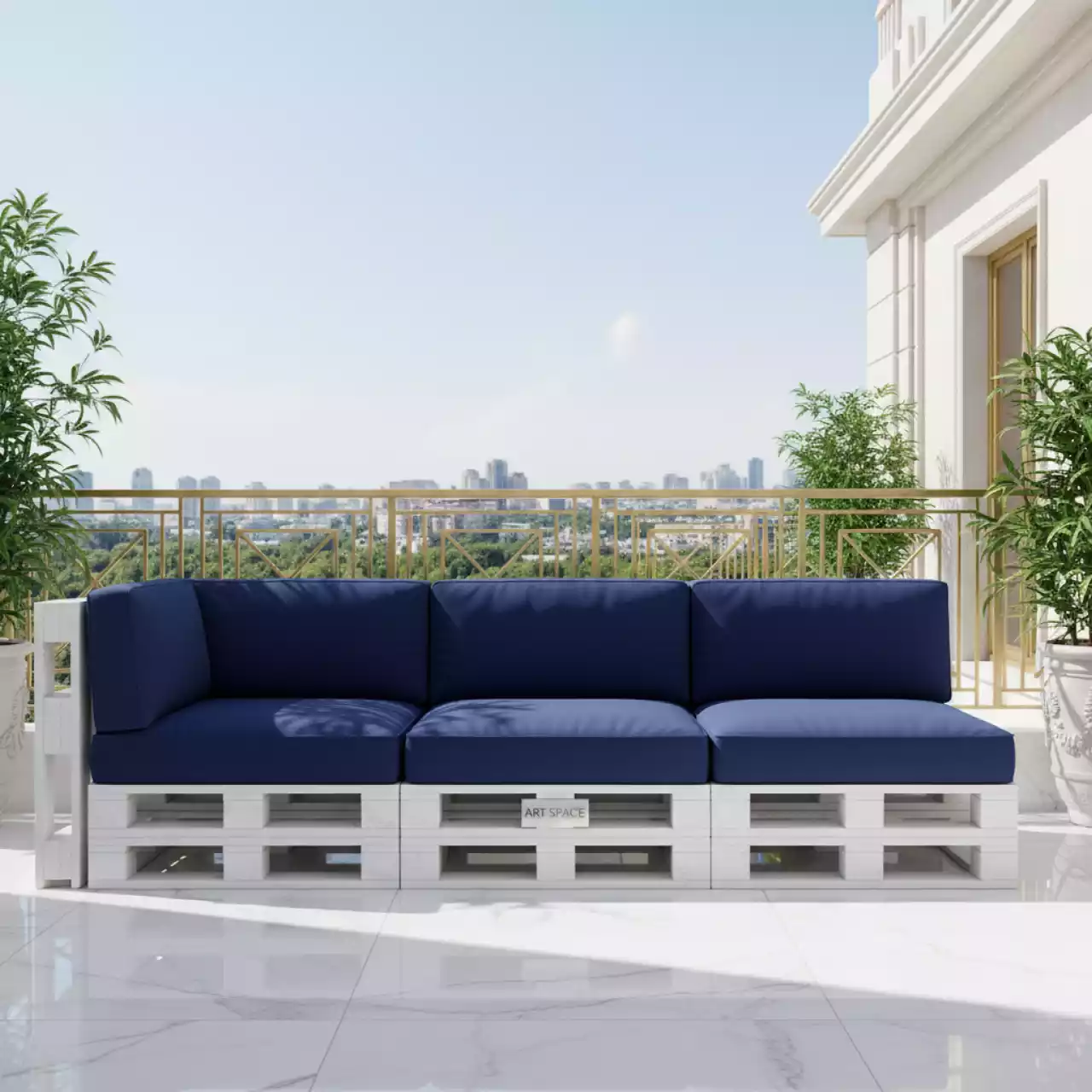 Аренда Диван модульный паллетный белый с синими подушками на вилле «Анна» — ART SPACE