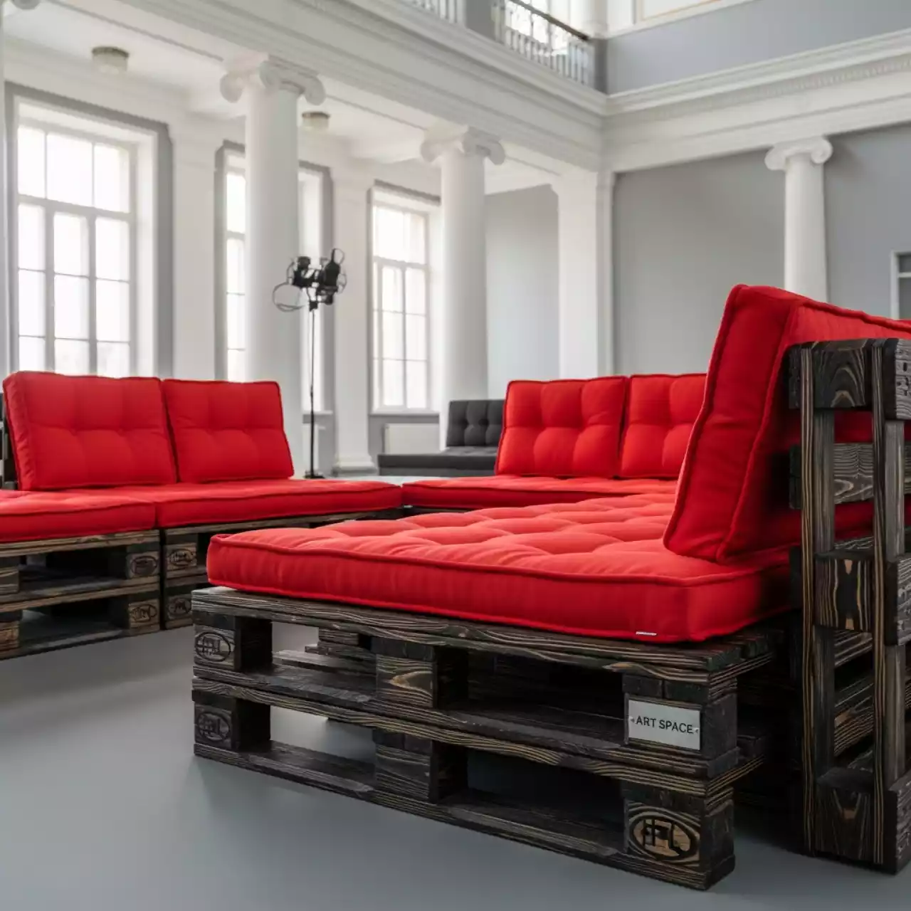 Аренда Диван модульный паллетный из обожженного дерева с красными подушками в санатории «Металлург» — ART SPACE