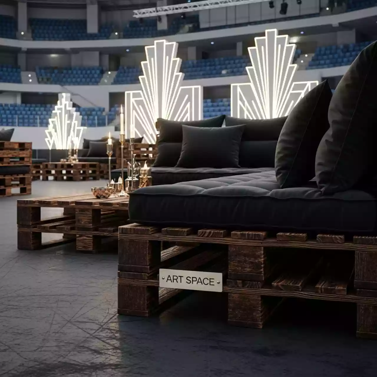 Аренда Диван модульный паллетный обожженный с черными подушками в ледовой арене «Шайба» — ART SPACE