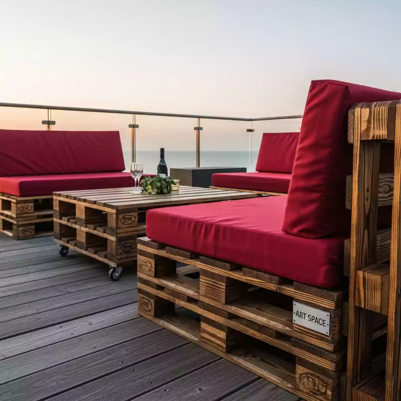 Аренда Диван модульный паллетный обожженный с красными подушками в ресторане «Паруса» — ART SPACE