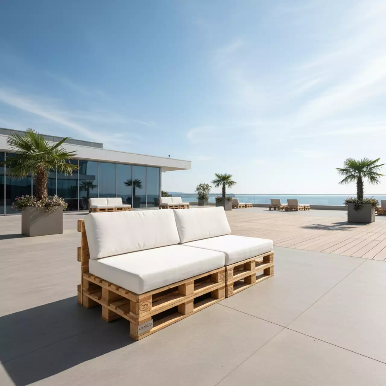 Аренда Диван модульный паллетный с белыми подушками в Imeretinskiy Hotel — ART SPACE