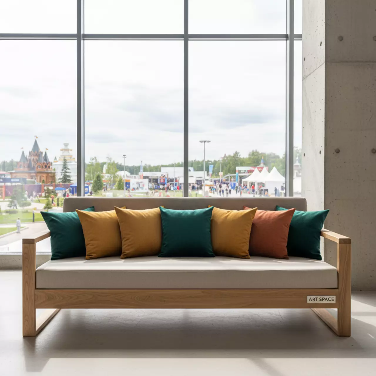 Аренда Диван натуральный с разноцветными подушками в этно-парке «Моя Россия» — ART SPACE