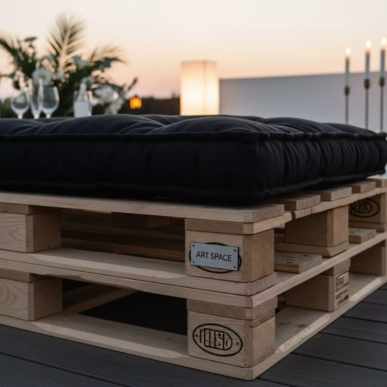 Аренда Диван оттоман из паллет с черной подушкой в пляжном комплексе VinoGrad — ART SPACE