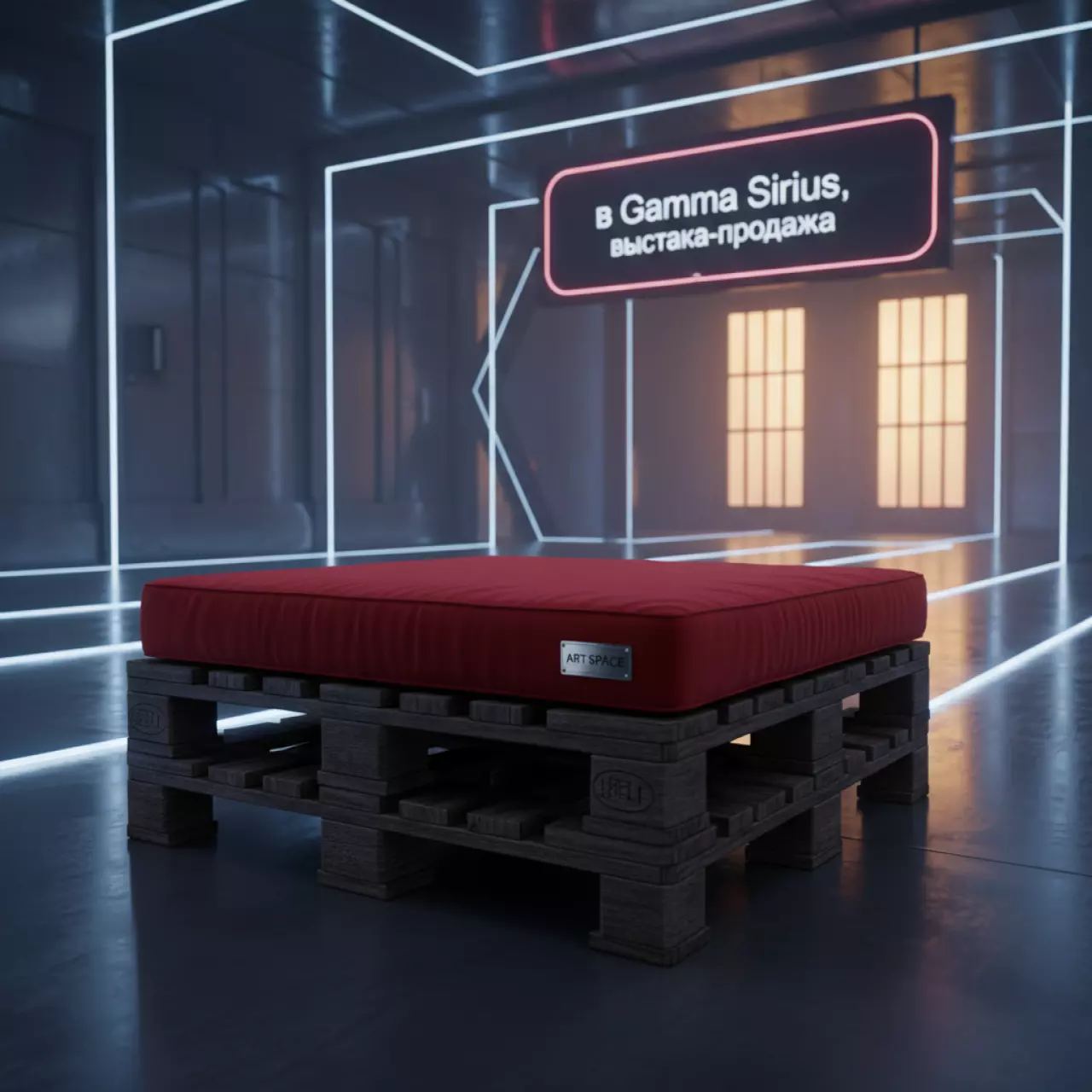 Аренда Диван оттоман из паллет с красной подушкой в Gamma Sirius — ART SPACE