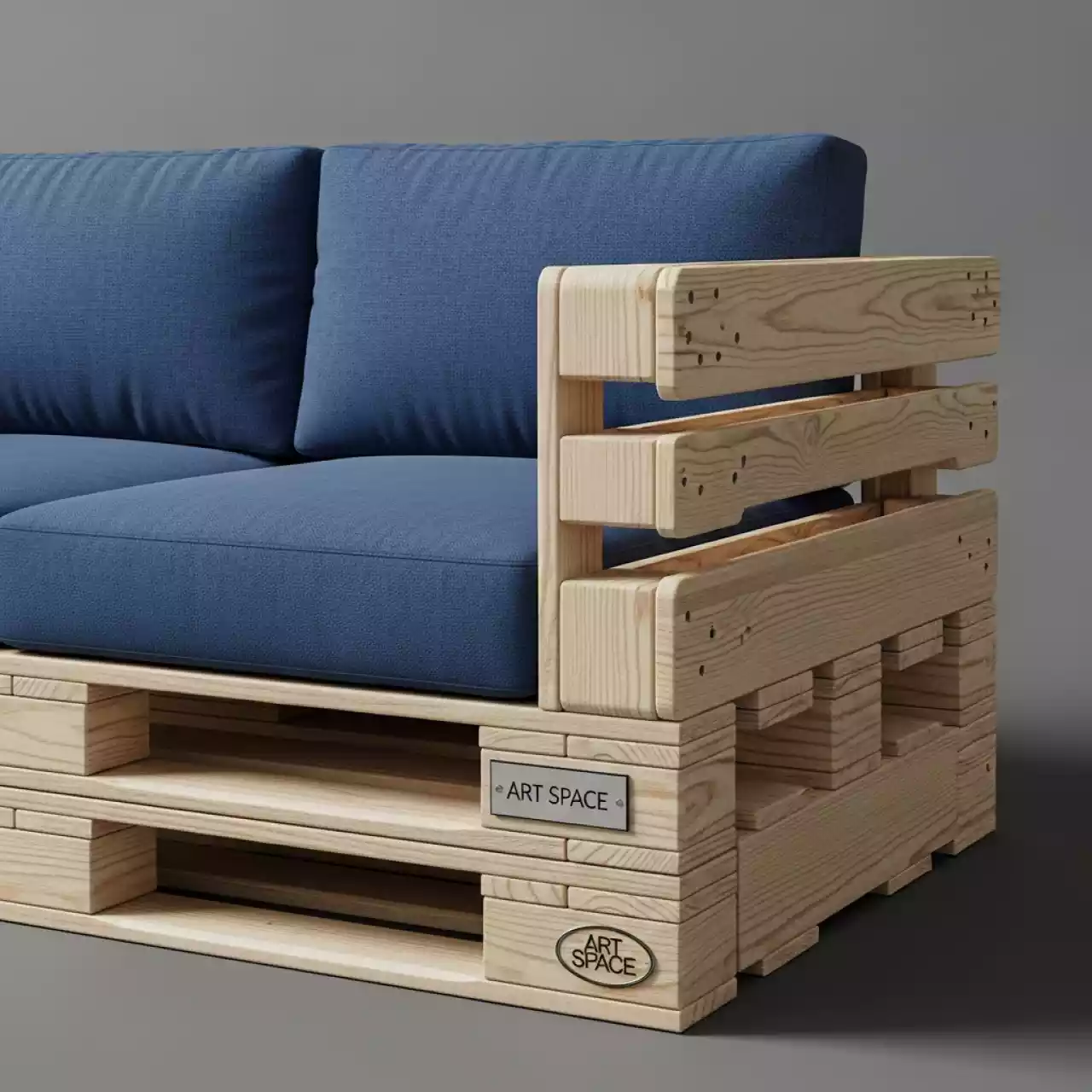 Аренда Диван паллетный двухместный с синей подушкой в Gamma Sirius — ART SPACE