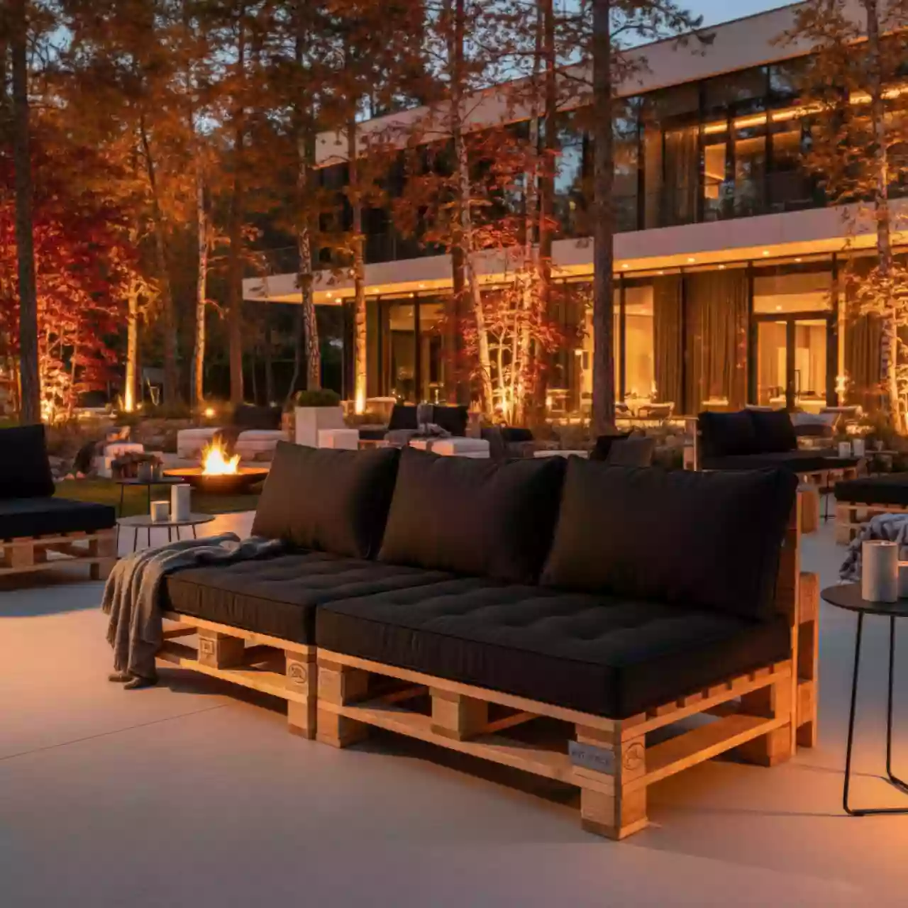 Аренда Диван паллетный модульный деревянный с черной подушкой в санатории «Черноморье» — ART SPACE