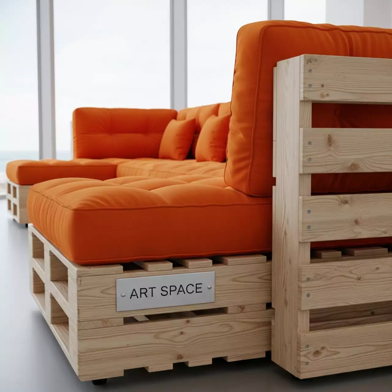 Аренда Диван паллетный модульный деревянный с оранжевой подушкой в зале «Чайка» (Морпорт) — ART SPACE