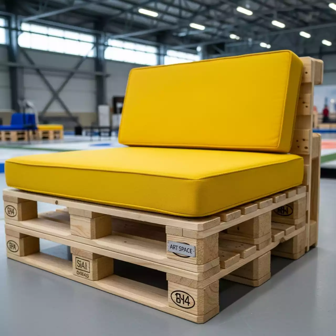 Аренда Диван паллетный модульный деревянный с желтой подушкой в Керлинговом центре «Ледяной куб» — ART SPACE
