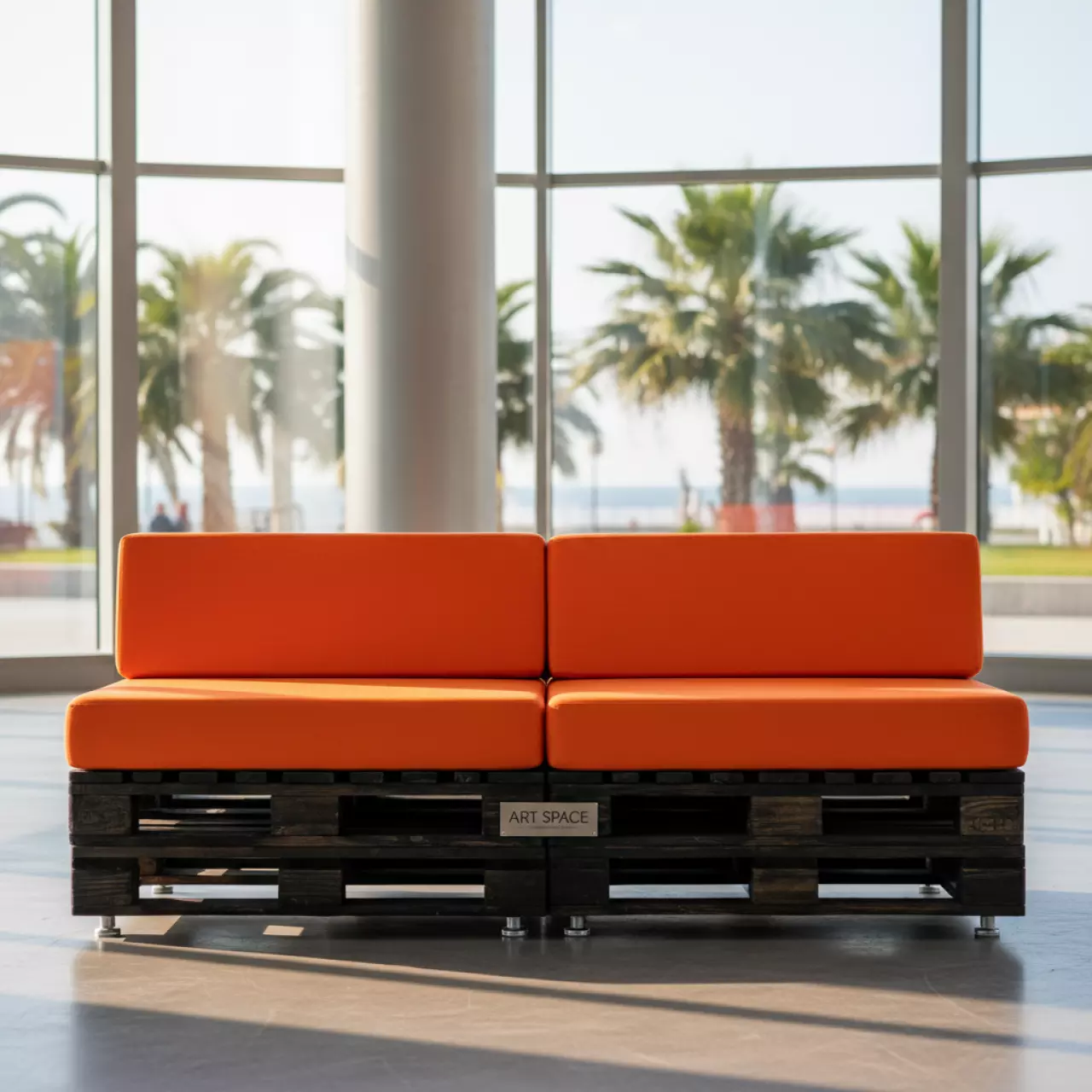 Аренда Диван паллетный модульный из обожженного дерева с оранжевыми подушками в комплексе Sea Galaxy — ART SPACE