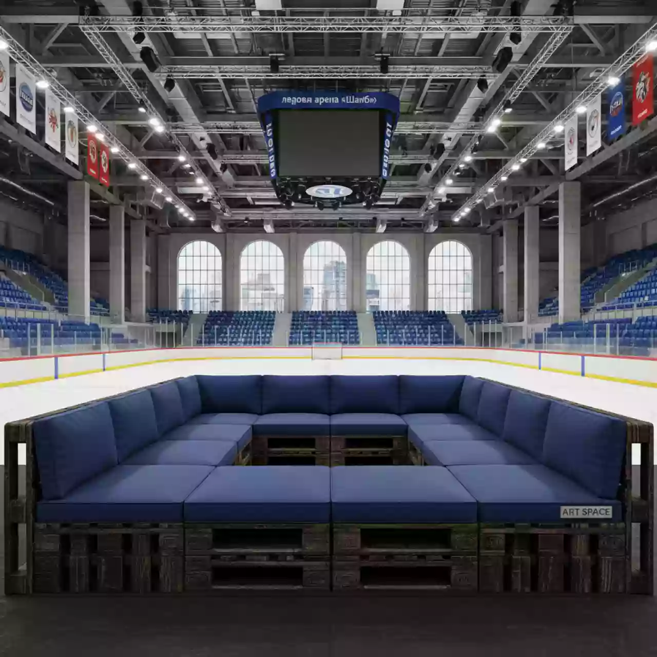 Аренда Диван паллетный модульный обожженное дерево с синими подушками в ледовой арене «Шайба» — ART SPACE