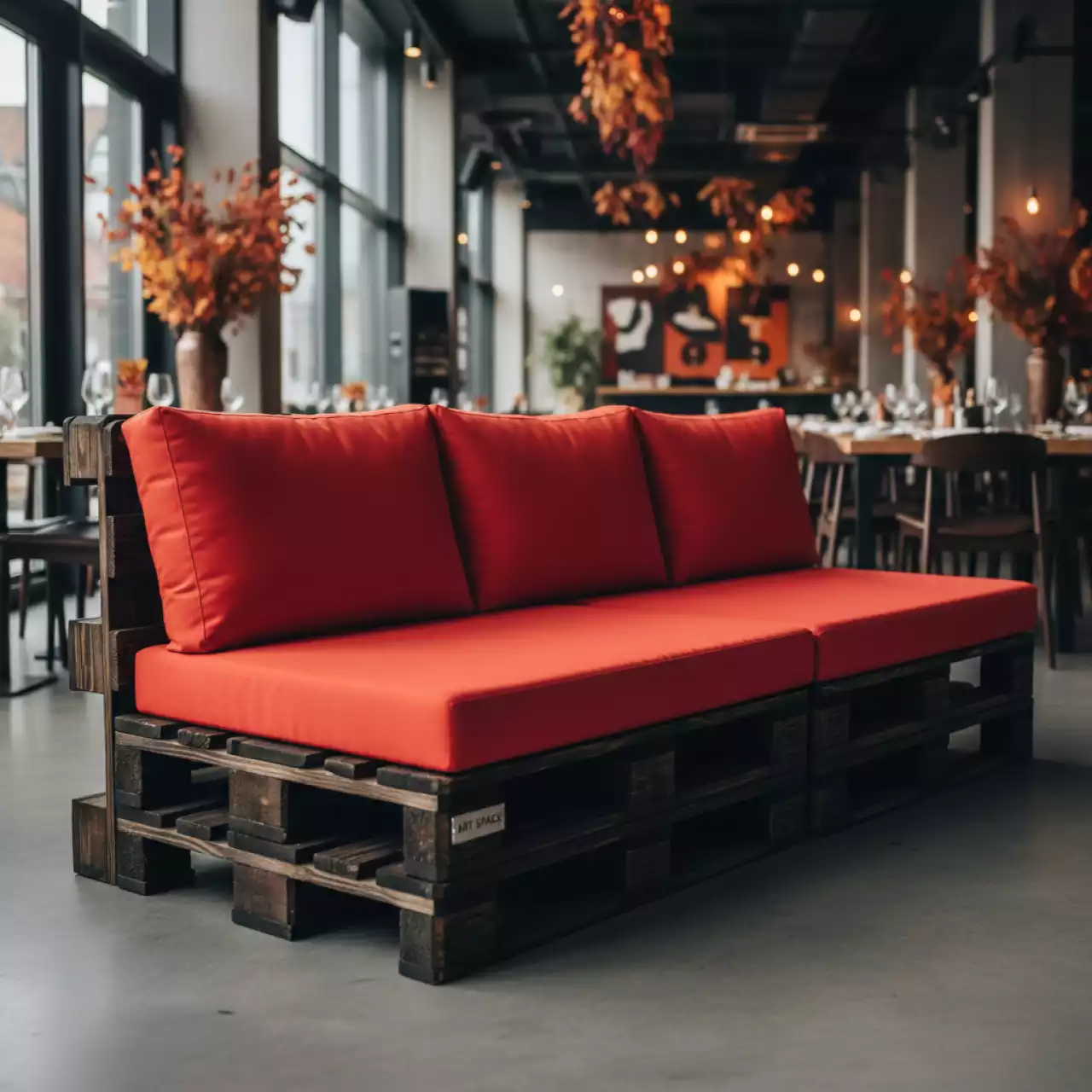 Аренда Диван паллетный модульный обожженный с красными подушками в ресторане «Sanremo» — ART SPACE