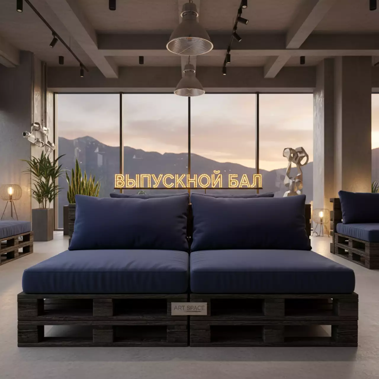 Аренда Диван паллетный модульный обожженный с синими подушками в Sochi Marriott Krasnaya Polyana — ART SPACE