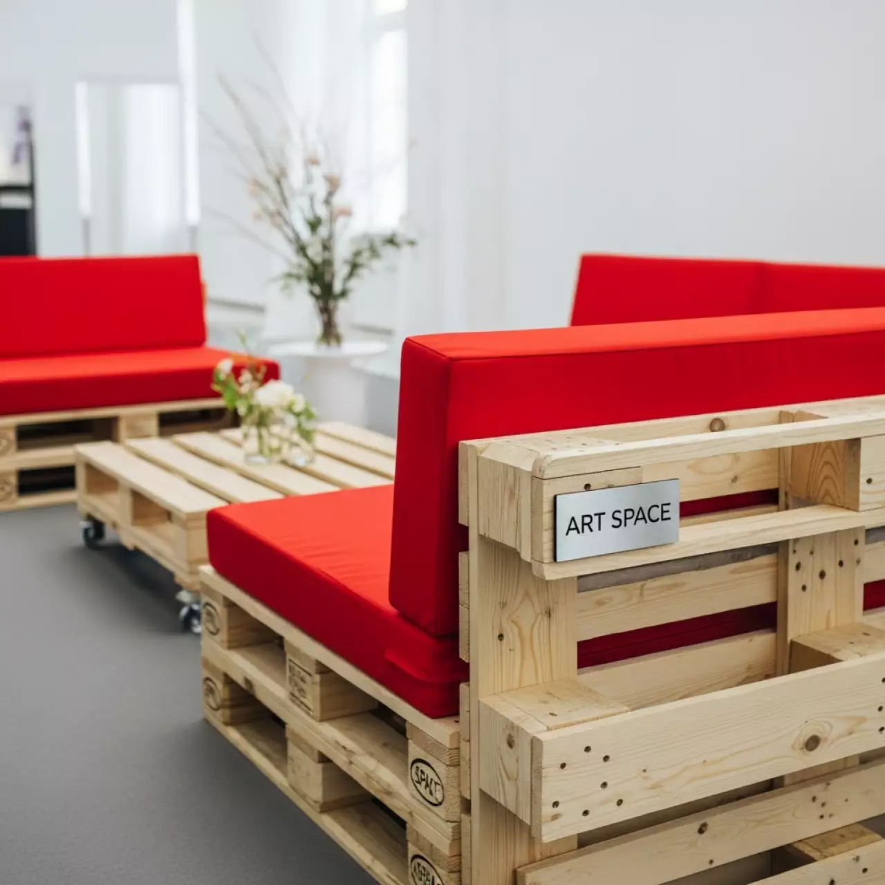 Аренда Диван паллетный модульный с красными подушками в Поляна 1389 Отель и Спа — ART SPACE