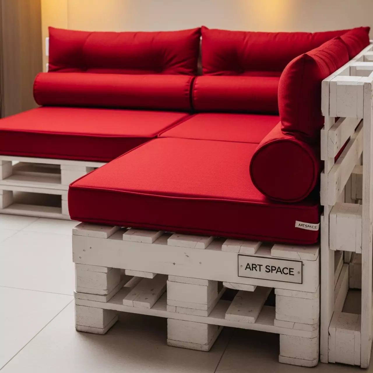 Аренда Диван паллетный угловой белый с красными подушками в Sochi Marriott Krasnaya Polyana — ART SPACE