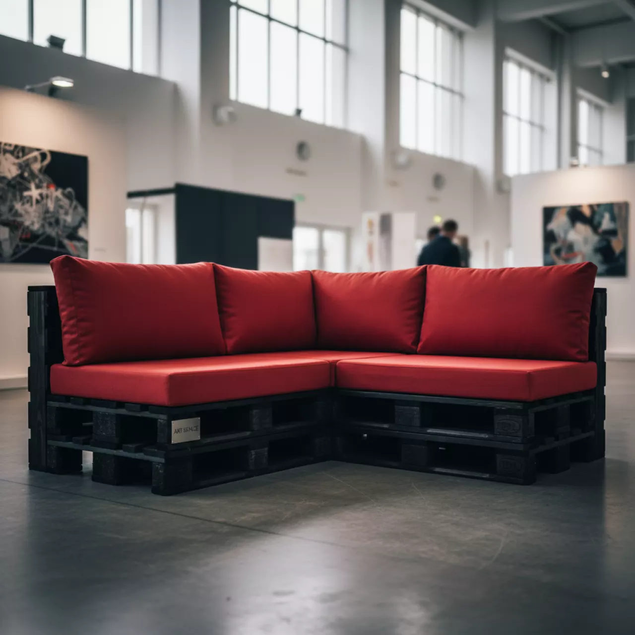 Аренда Диван паллетный угловой из обожженного дерева с красными подушками в Radisson Collection Paradise — ART SPACE