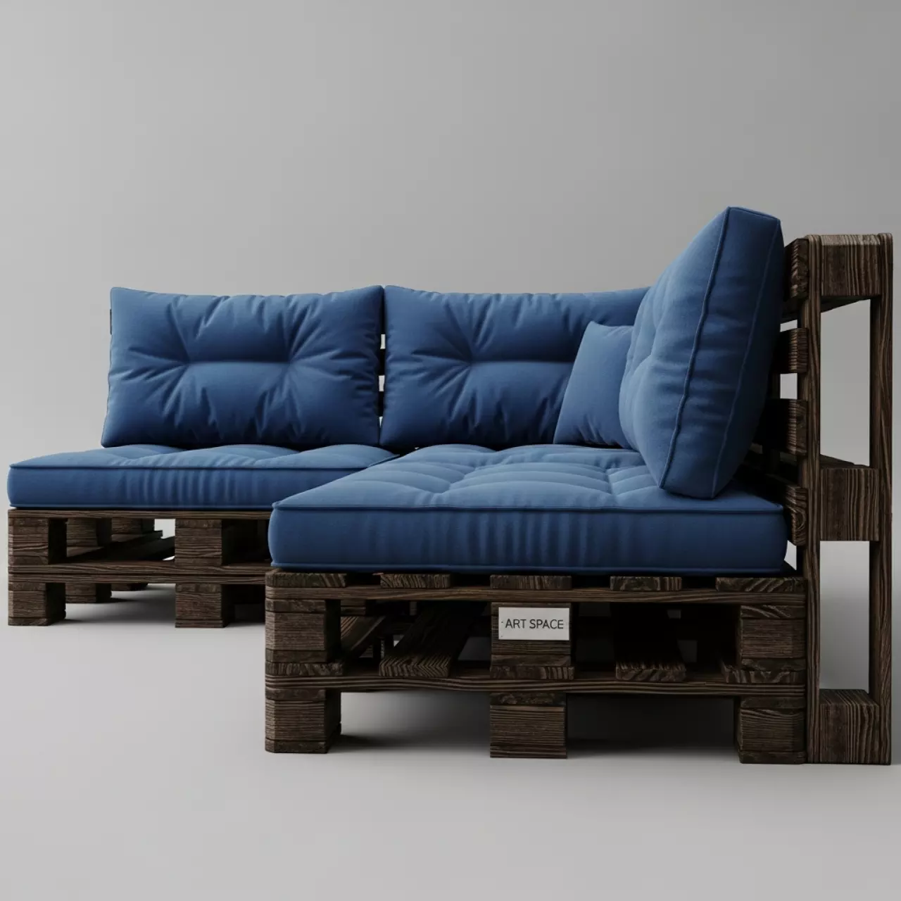 Аренда Диван паллетный угловой из обожженного дерева с синими подушками в ресторане «Магадан» — ART SPACE