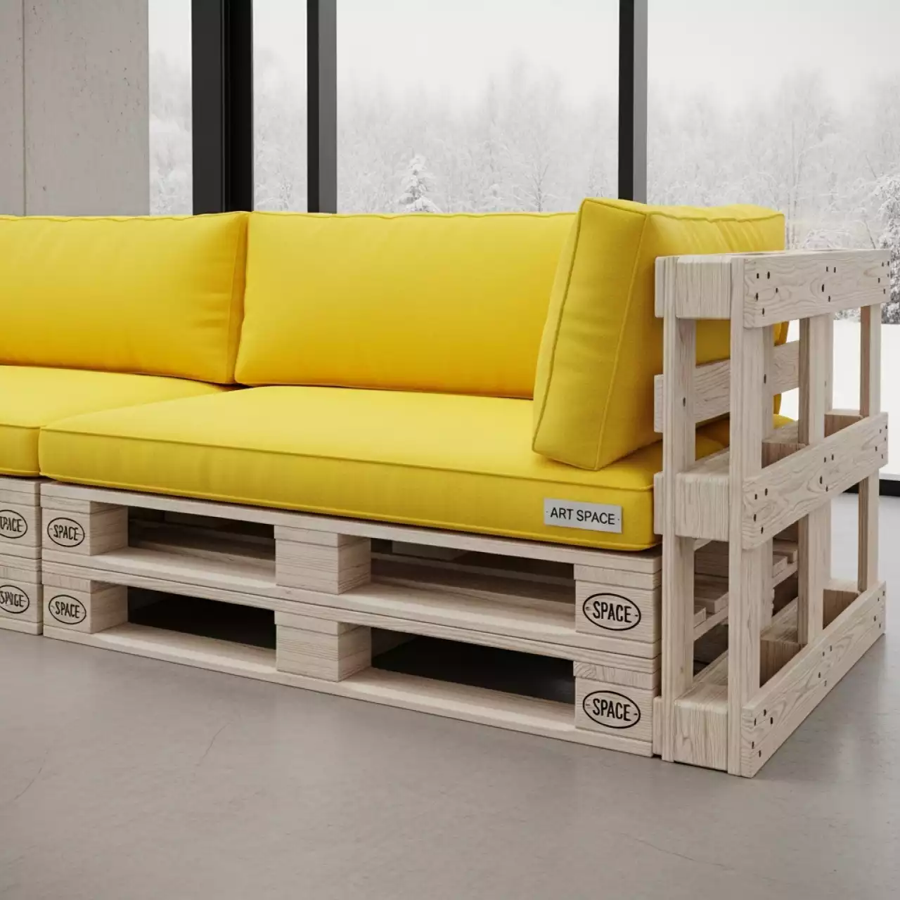 Аренда Диван паллетный угловой с желтыми подушками в ресторане «Паруса» — ART SPACE