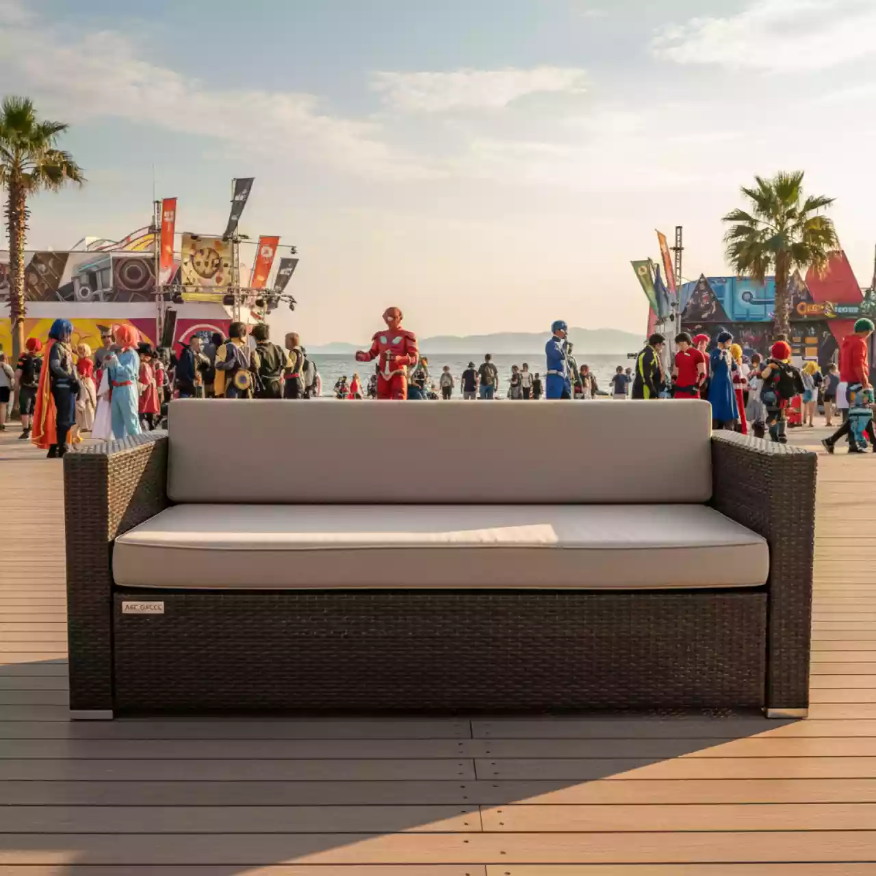 Аренда Диван пластиковый плетеный Miami Lounge коричневый с подушкой на пляжных клубах Хосты — ART SPACE