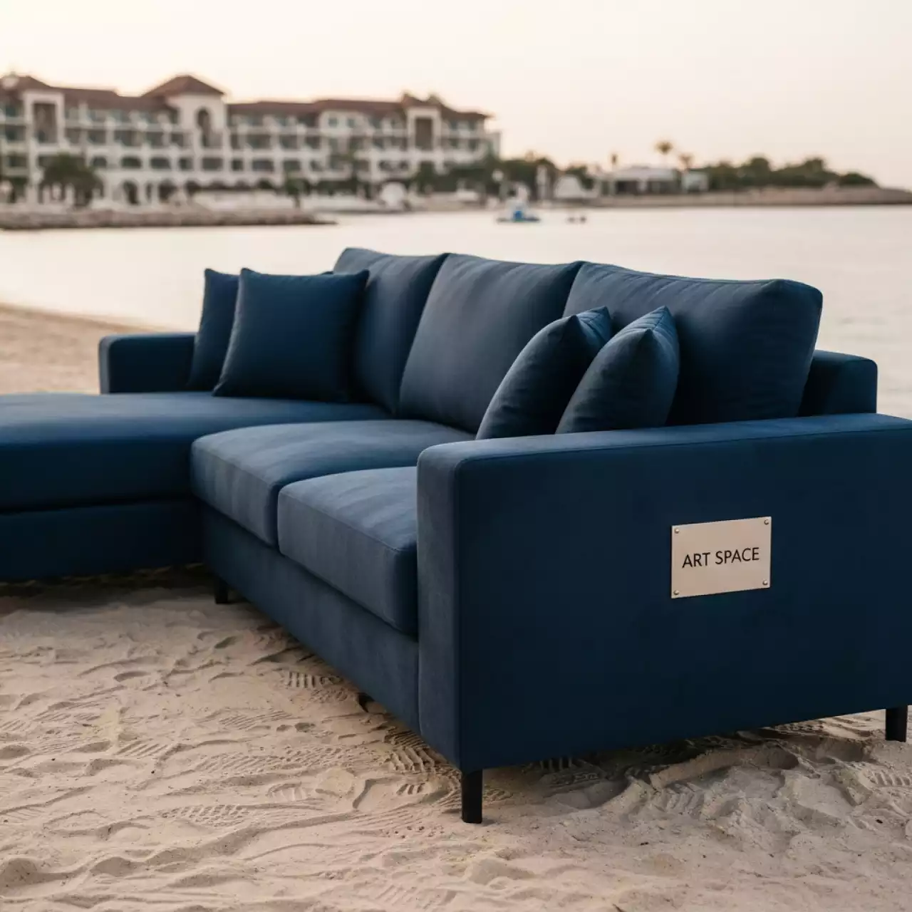 Аренда Диван Ralph трехместный с канапе левый раскладной синий с подушками на пляже «Ривьера» — ART SPACE