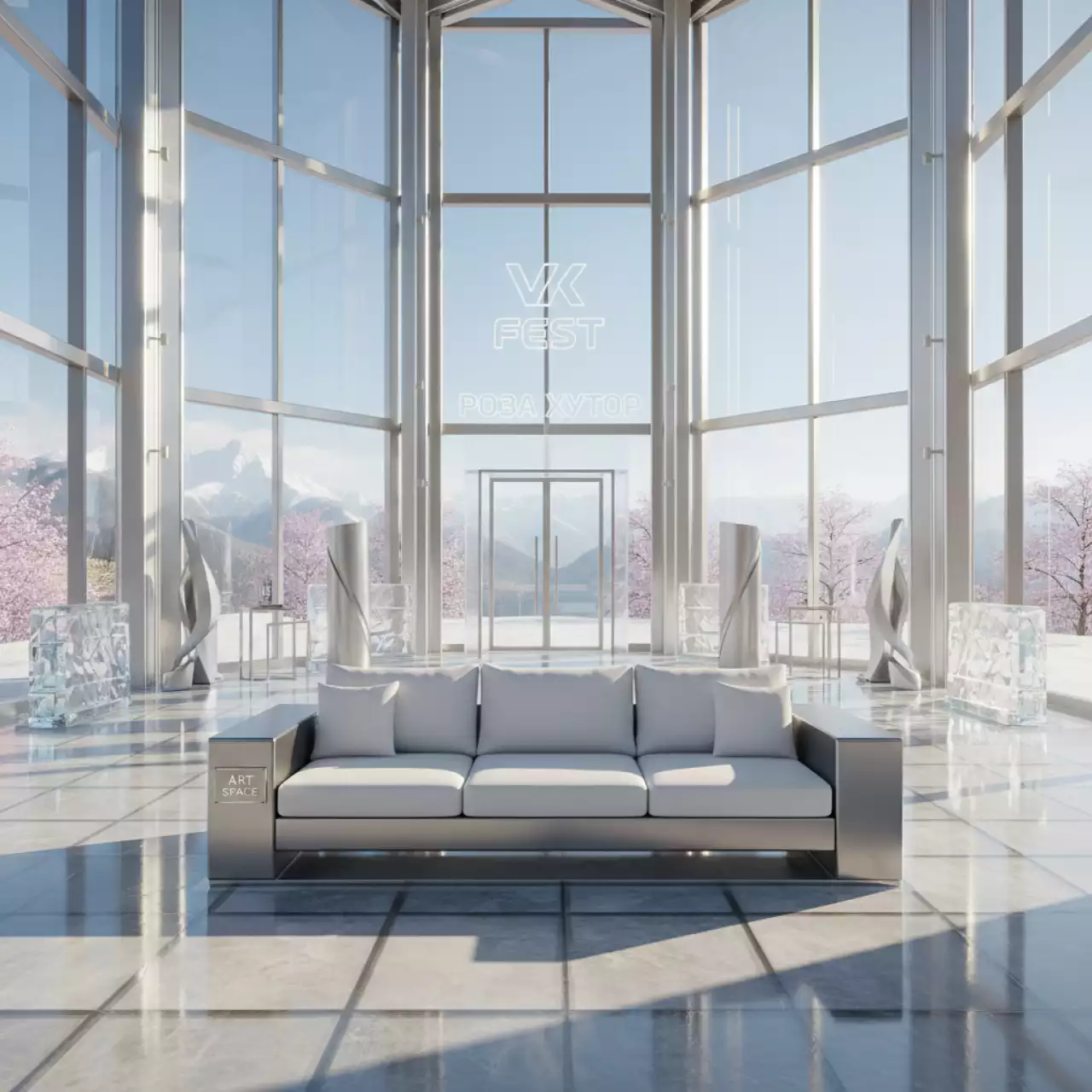 Аренда Диван с белыми подушками в ледовом дворце «Роза Хутор» — ART SPACE