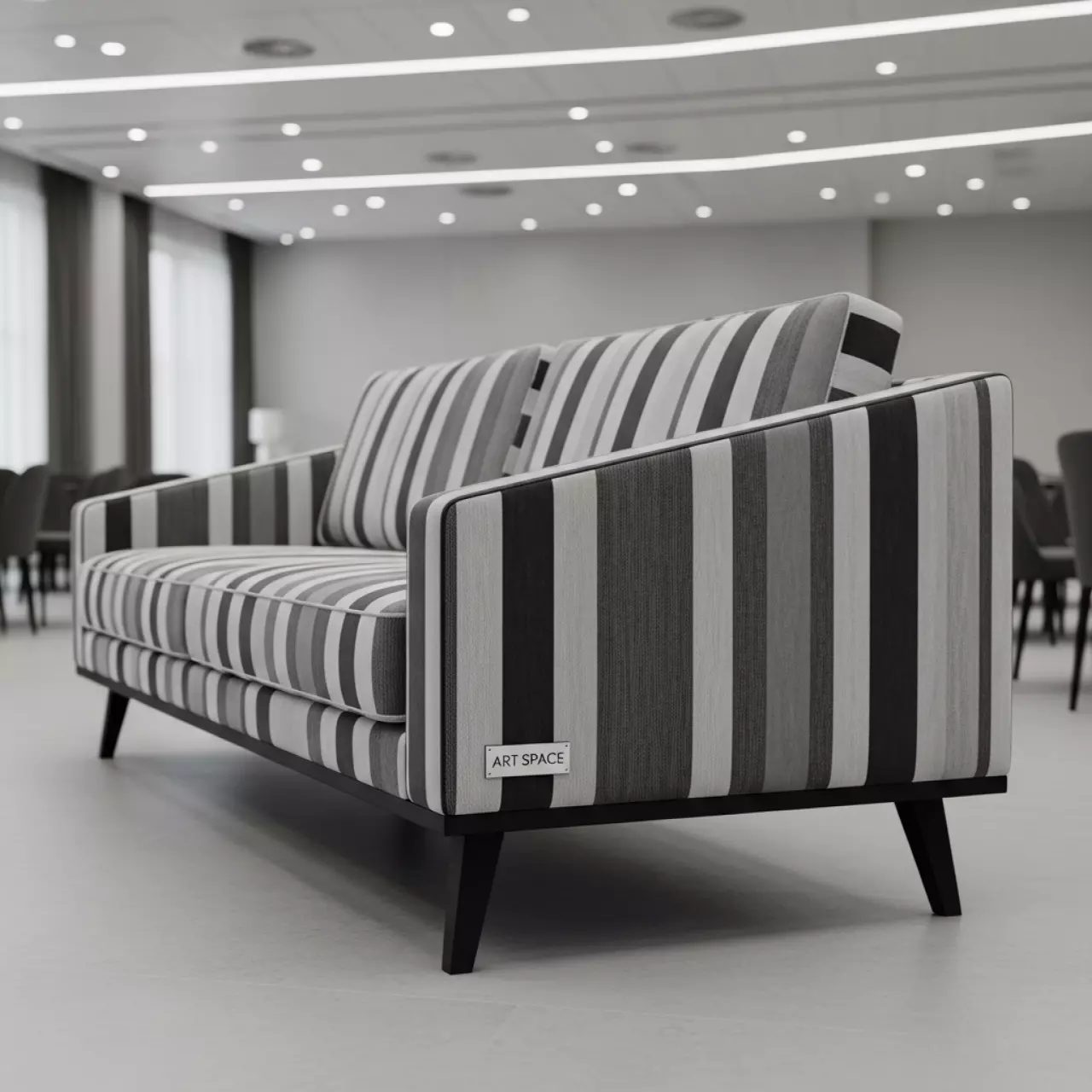 Аренда Диван Страйп велюр Kashemir 672 ножки бук черная морилка в банкетном зале «Дельфин» — ART SPACE