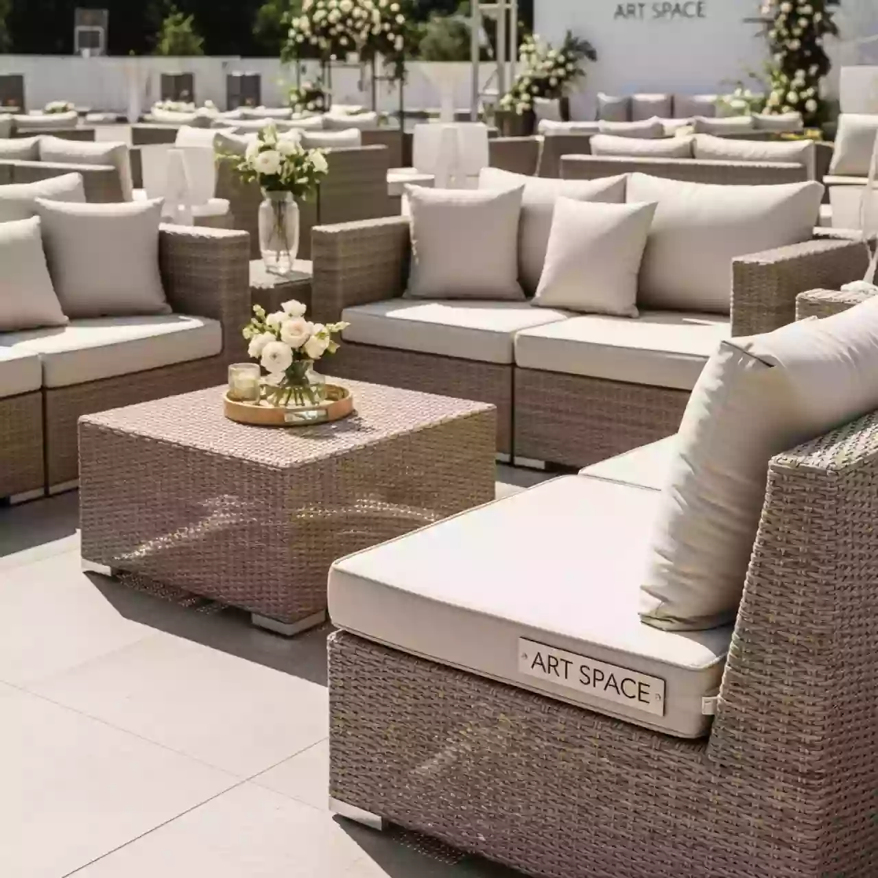Аренда Диван трансформер из искусственного ротанга бежевый AFM 350B со столом в Red Arena — ART SPACE