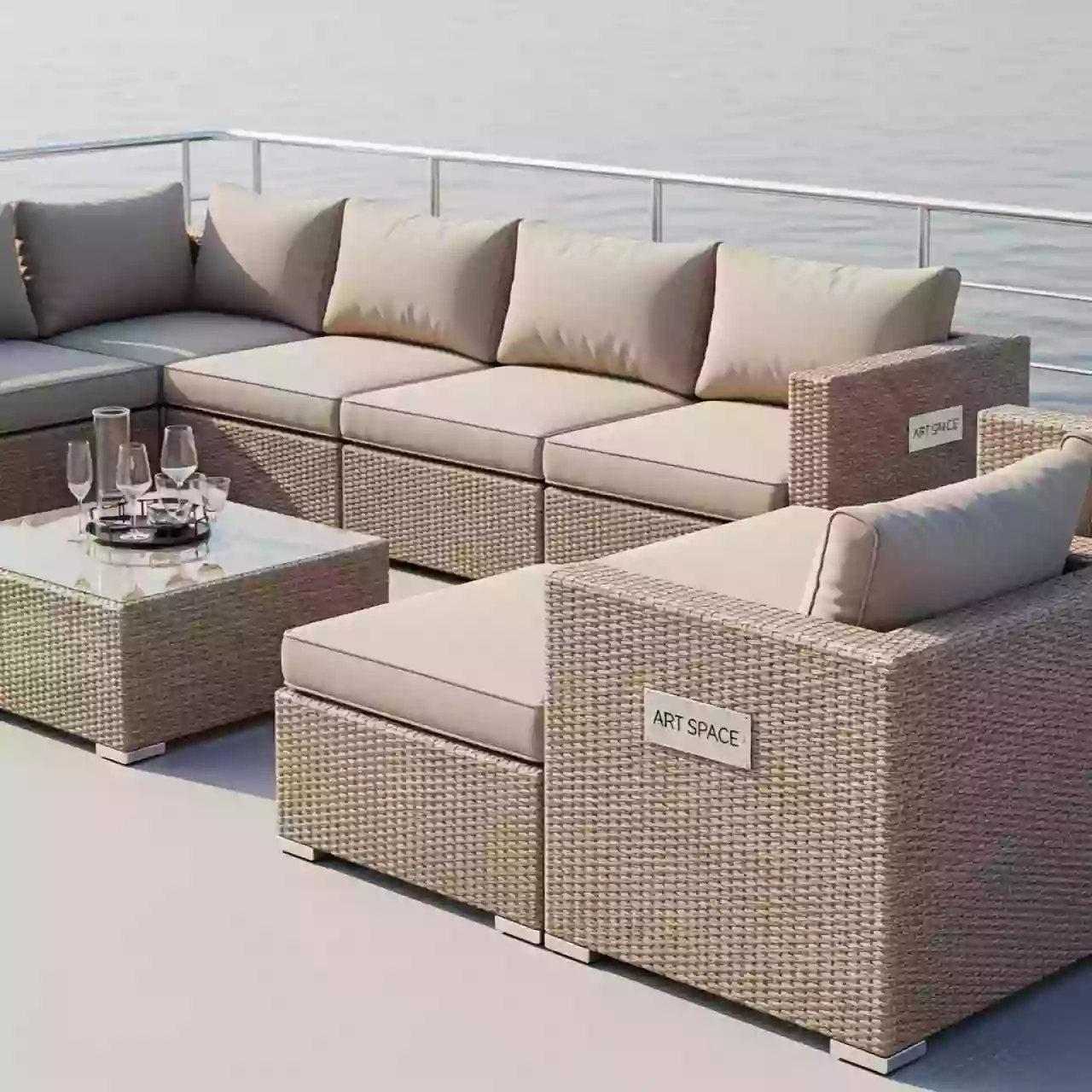 Аренда Диван трансформер из искусственного ротанга YH C1033W set beige на VIP теплоходе (Морпорт Сочи) — ART SPACE