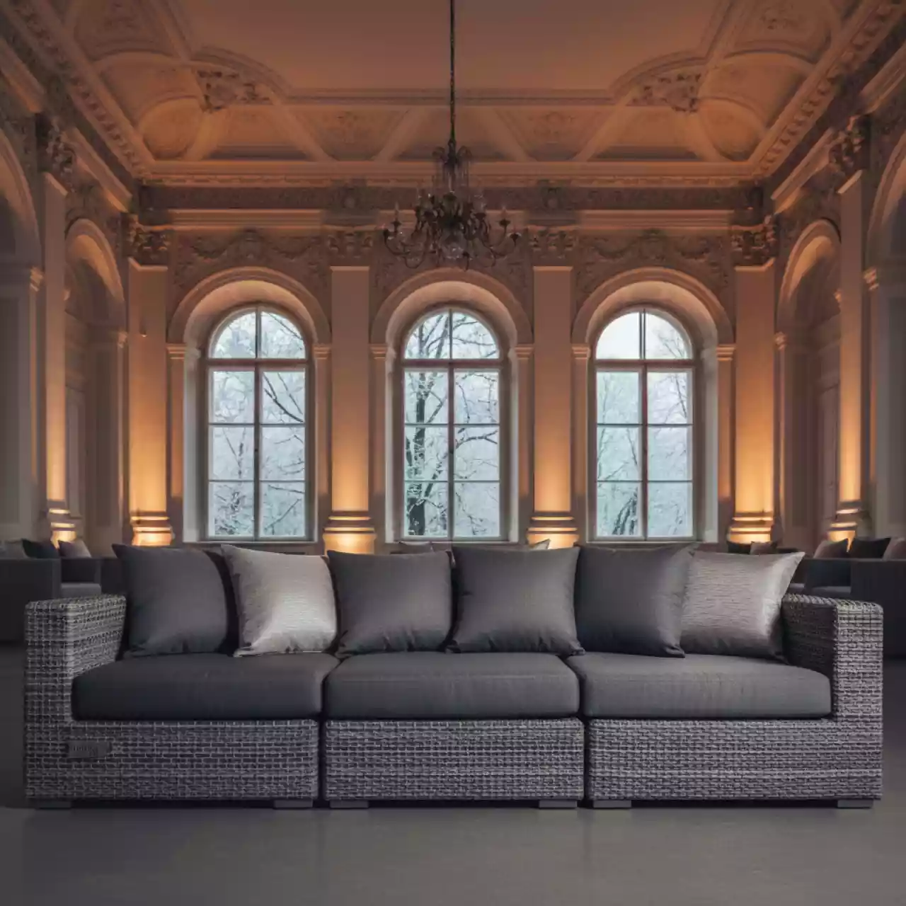 Аренда Диван трансформер Лунго гиацинт серый из искусственного ротанга в усадьбе Голицына — ART SPACE