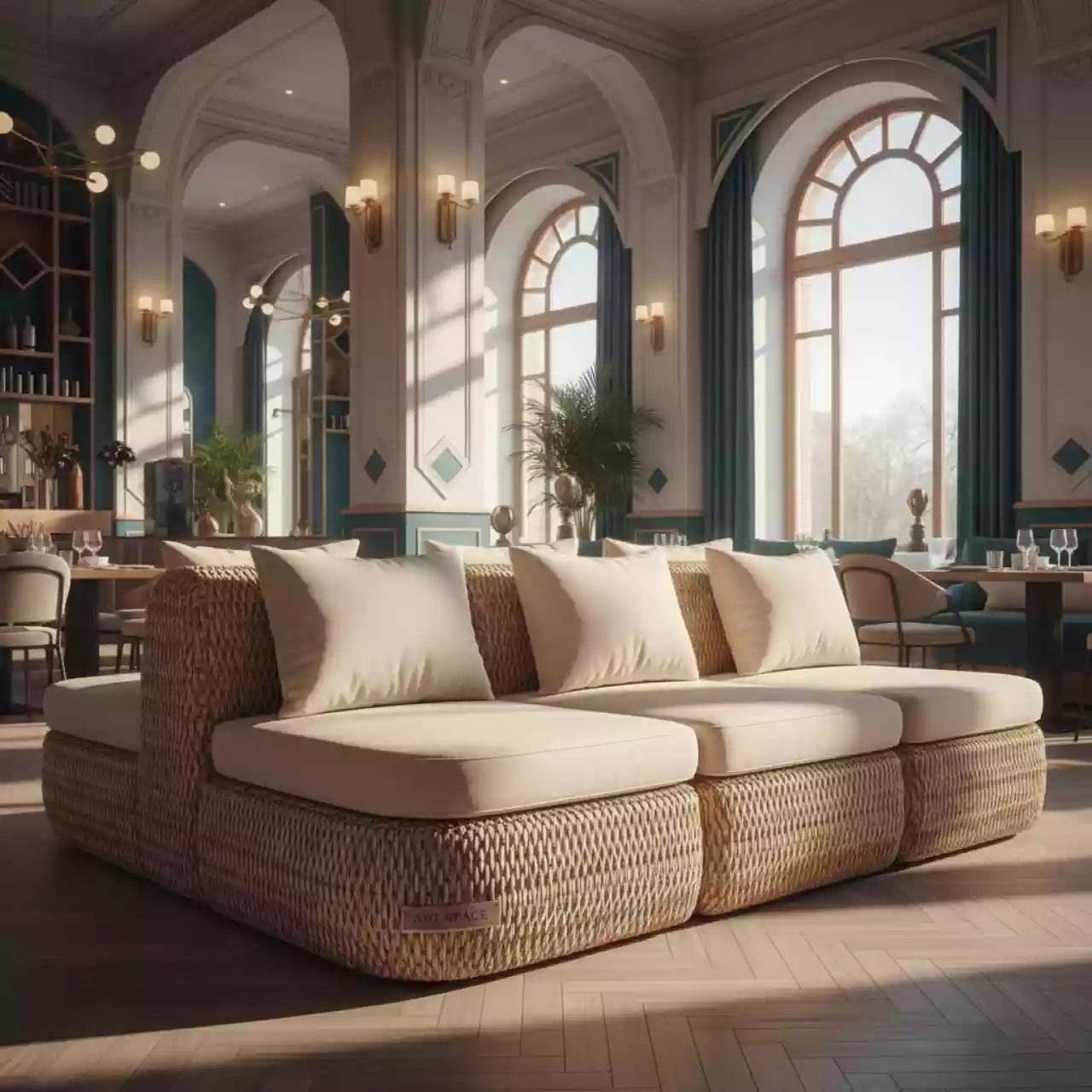 Аренда Диван трансформирующийся из искусственного ротанга гиацинт Лунго соломенный в ресторане «Магадан» — ART SPACE