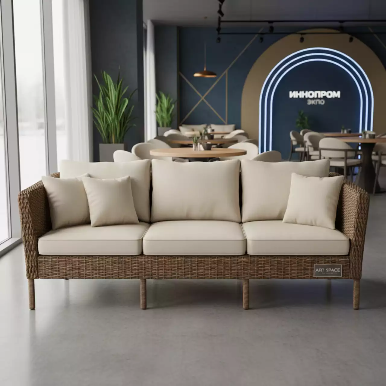 Аренда Диван трехместный Гранд Латте искусственный ротанг коричневый в ресторане «Brunello» — ART SPACE