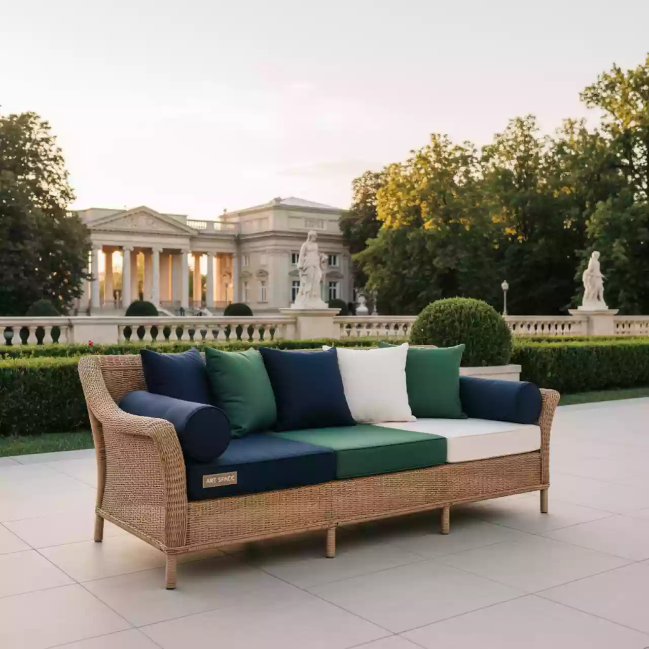 Аренда Диван трехместный Гранд Латте из искусственного ротанга соломенный в санатории «Русь» — ART SPACE